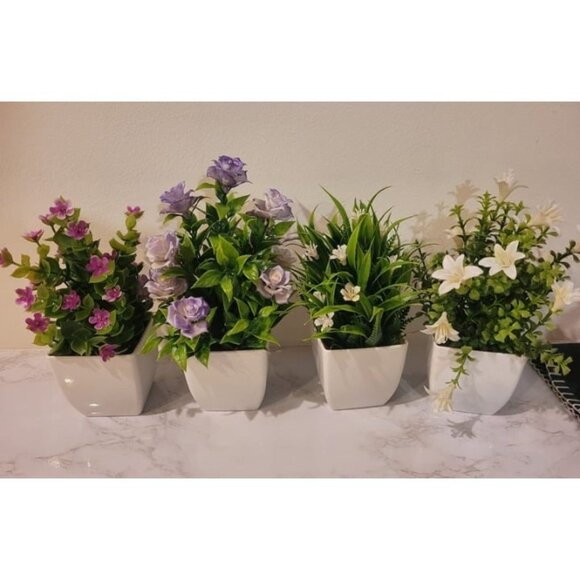 New 4 Pack Small Fake Plants Mini Artificial Faux Plants with Flowers for Home - Picture 1 of 2